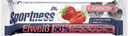 Sportness Eiweiß-Riegel 50 %, Erdbeere-Kakao-Crisp-Geschmack, mit Maltit-Vollmilch-Schokolade überzogen