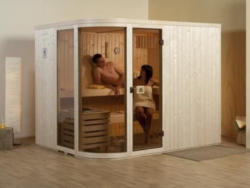 Designsauna Sara - Variante: 2 OS, Ofen: 9,0 kW Saunaofen, Steuerung: multifunktional mit Digitalanzeige, Außenmaße BxTxH: 244x194x199 cm