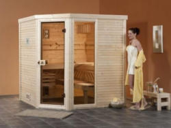 Massivholzsauna Cubilis Eck - Variante: 1 BioS, Ofen: 7,5 kW BioAktiv-Ofen, Steuerung: multifunktional mit Digitalanzeige, Außenmaße BxTxH: 195x195x203 cm