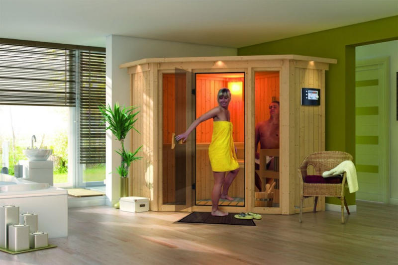 Karibu Sauna Flora 1 - Ausführung: Dachkranzmodell, Ofen: exklusiv, Steuerung: exklusiv