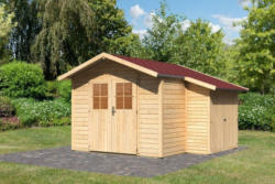 Gartenhaus Bozen 3 : 28 mm Wandstärke ECO Set inkl. Boden, Dachschindeln, Doppelflügeltür mit Fenstereinsatz, Fenster - Farbe: naturbelassen - Dachschindeln: rot