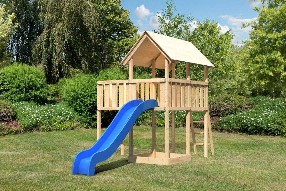 Karibu Kinderspielturm Findus im Set mit Anbau und Wellenrutsche blau 2
