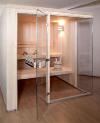 Helo Elementsauna Visage Glasecke final in Espe - Abmessungen: 219,5 x 219,5 cm