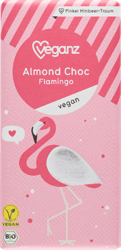 Veganz Schokolade, weiße Mandel-Schokolade mit Himbeere, almond choc, Flamingo