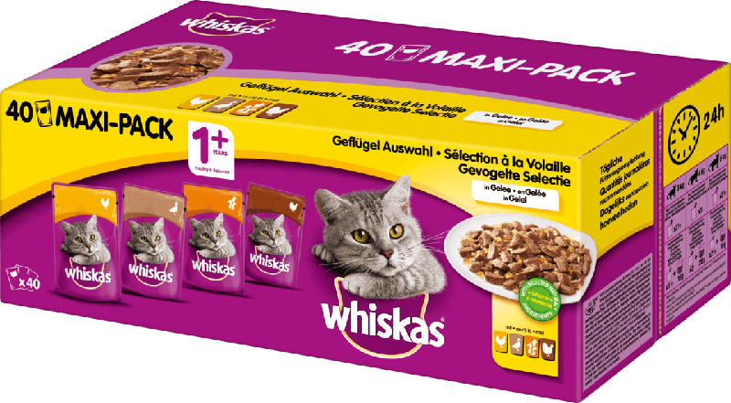 Whiskas Nassfutter für Katzen 1+, Geflügelauswahl in Gelee, Multipack 40x100g