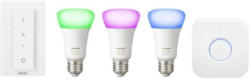 Philips HUE 3er Starterset 10W E27 RGB 806lm, inkl. Dimmschalter, Bridge, Netzteil, LAN-Kabel