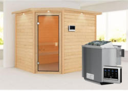 Karibu Sauna Lisa, mit bronzierter Tür und Kranz, naturbelassen, Bio externe Steuerung
