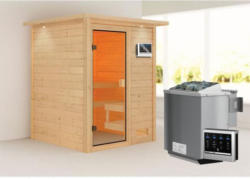Karibu Sauna Sandra, 9 kW mit Kranz, naturbelassen, Bio externe Steuerung