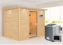 Karibu Sauna Katja, mit Kranz, naturbelassen, Bio externe Steuerung