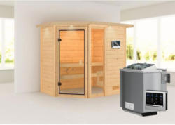Karibu Sauna Jada, mit Kranz, naturbelassen, Bio externe Steuerung