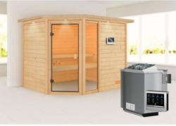 Karibu Sauna Lola, mit Kranz, naturbelassen, Bio externe Steuerung