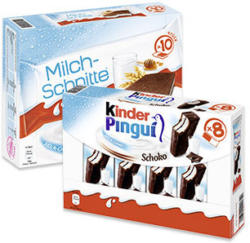 kinder Pingui 8 x 30 = 240 g oder Milch-Schnitte 10 x 28 = 280 g, jede Packung