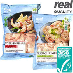 Tiger Shrimps blanchiert, gekocht oder Rotgarnele roh aus Wildfang, gefroren, jede 750-g-Packung/675 g Abtropfgewicht und weitere Sorten