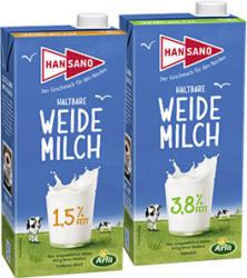 Hansano Haltbare Weidemilch 1,8/3,9 % Fett, jede 1-Liter-Packung