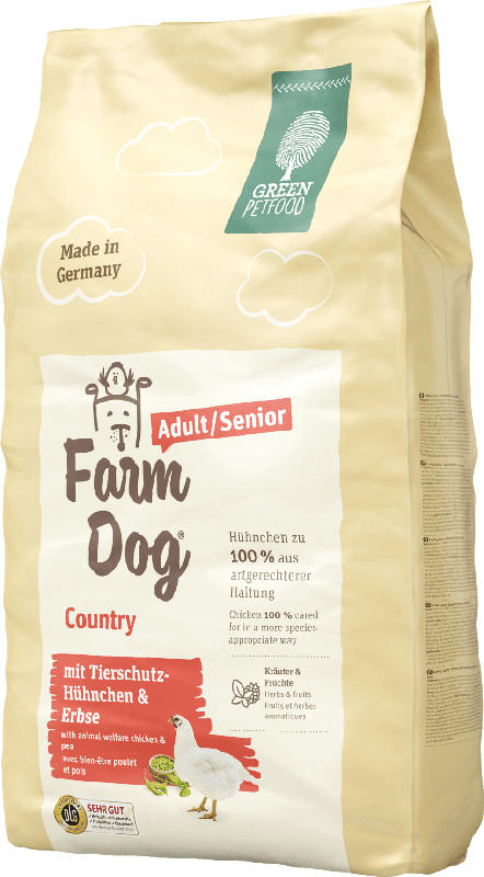 Green Petfood FarmDog Country, Trockenfutter für Hunde, Adult, mit Tierschutz-Hühnchen und Erbse