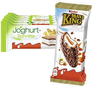Kinder Maxi King 3 x 35 g = 105 g oder Joghurt-Schnitte 5 x 28 g = 140 g, jede Packung