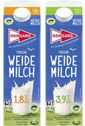 Hansano Weidemilch 3,9/1,8% Fett jede 1-Liter-Packung