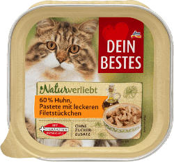 Dein Bestes Naturverliebt, Nassfutter für Katzen, mit 60% Huhn, Pastete mit leckeren Filetstückchen