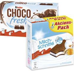 Milchschnitte 7 x 28 = 196 g oder Kinder Choco fresh 5 x 20,5 = 102,5 g, jede Packung