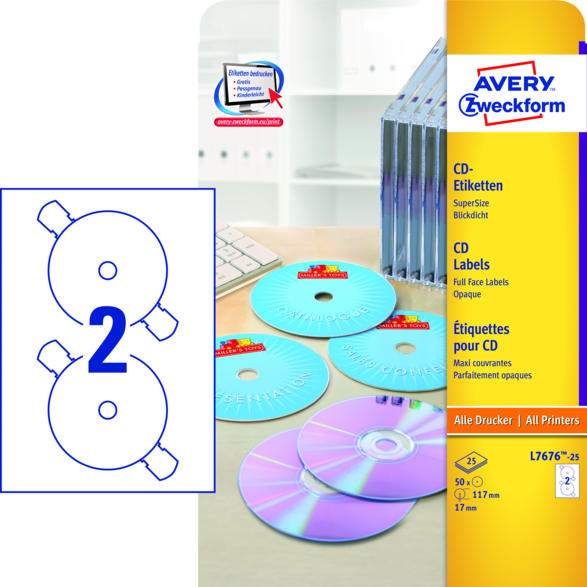 CD-Etiketten SuperSize, Ø 117 mm, 25 Bogen/50 Etiketten, weiß (L7676-25)