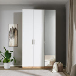 Drehtürenschrank mit Spiegel 136,7cm Unit, Weiß/Eiche Dekor
