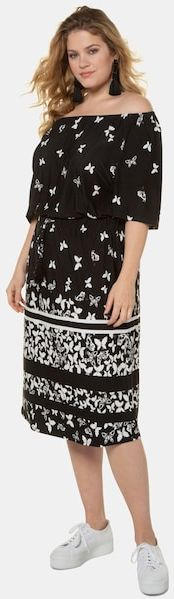 Jerseykleid, gemustert, Carmen-Ausschnitt, Glockenärmel