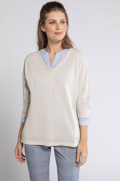 Pullover, Leinenmix, V-Ausschnitt, 3/4-Ärmel