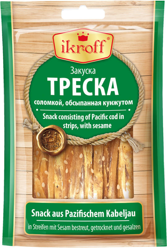 Snack aus Pazifischem Kabeljau in Streifen mit Sesam bestreut, getrocknet und gesalzen