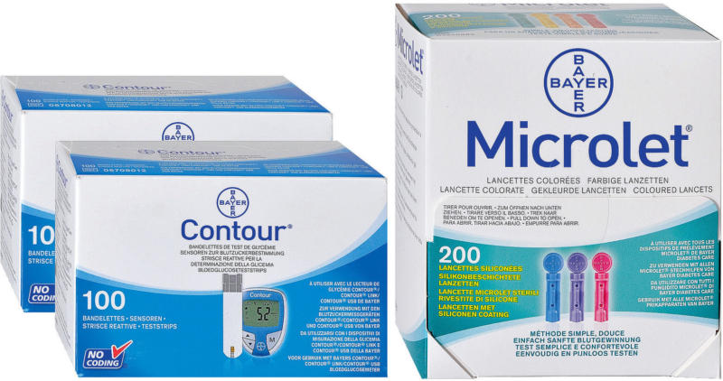 Bayer Contour 2 x 100 strisce reattive + 200 Microlet lancette colorate -