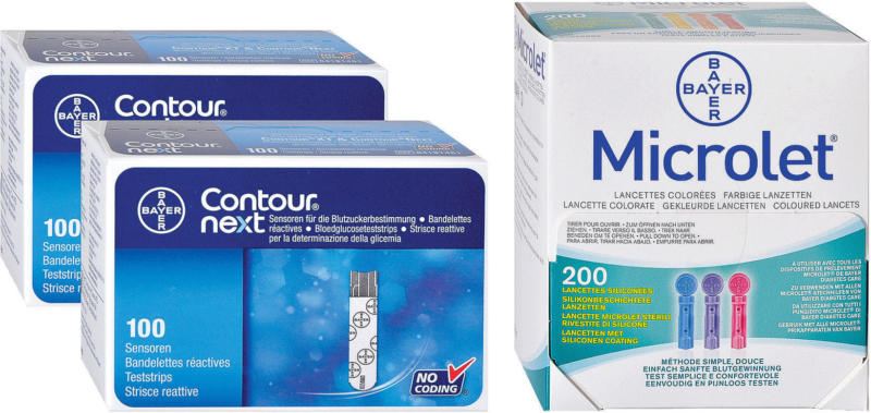 Bayer Contour Next 2 x 100 strisce reattive + 200 Microlet lancette colorate -