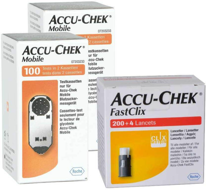 Roche Accu-Chek Mobile bandelettes réactives 2 x 100 + 204 FastClix lancettes -
