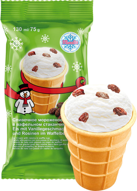 Eis mit Sahnegeschmack und Rosinen im Waffelbecher