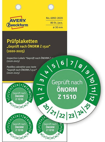 Prüfplaketten "Geprüft nach ÖNORM Z 1510" (2020-2025) Ø 30 mm, handbeschriftbar, grün