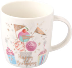 Tasse mit Happy Birthday-Schriftzug