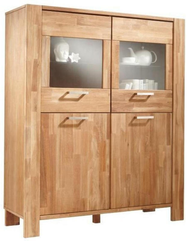 Highboard Massivholz mit Glas B 121cm Riva, Eiche