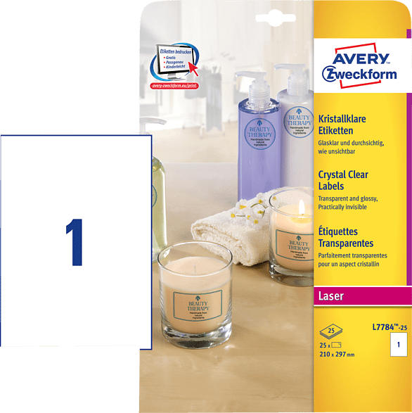 AVERY ZWECKFORM L7784-25 Kristallklare Etiketten 210 x 297 mm 210 x 297 mm A4 25 Etiketten / 25 Bogen