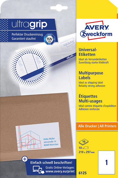 AVERY ZWECKFORM 6125 Universaletiketten 210 x 297 mm 210 x 297 mm A4 10 Etiketten / 10 Bogen