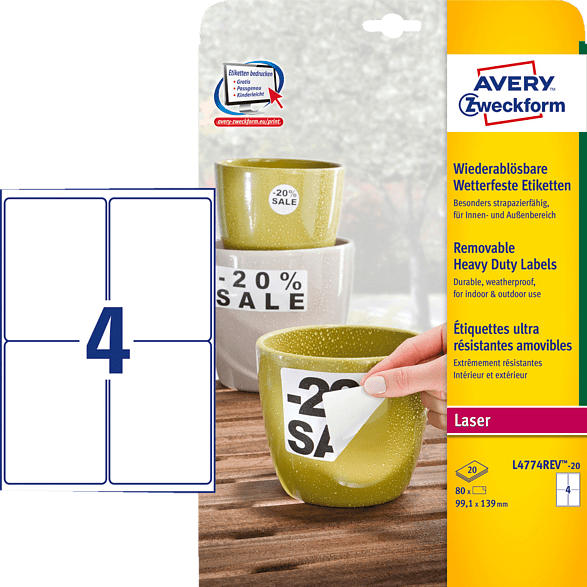 AVERY ZWECKFORM L4774REV-20 Wetterfeste Etiketten 99,1 x 139 mm 99,1 x 139 mm A4 80 Etiketten / 20 Bogen