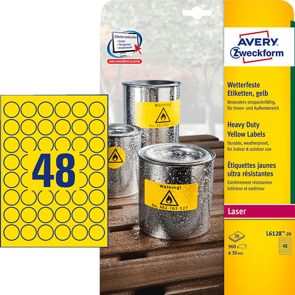 AVERY ZWECKFORM L6128-20 Wetterfeste Folienetiketten Ø 30 mm Ø 30 mm A4 960 Etiketten / 20 Bogen