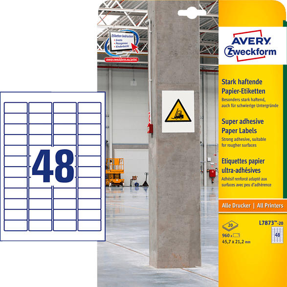 AVERY ZWECKFORM L7873-20 Stark haftende Papier-Etiketten 45,7 x 21,2 mm 45,7 x 21,2 mm A4 960 Etiketten / 20 Bogen