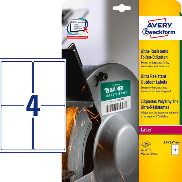AVERY ZWECKFORM L7915-10 Ultra-Resistente Folienetiketten 99,1 x 139 mm 99,1 x 139 mm A4 40 Etiketten / 10 Bogen