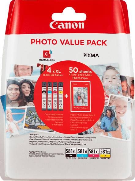 CANON CLI-581 XL Photo Value Pack inkl. 50 Blatt Canon Fotopapier PP-201 Tintenpatrone mehrfarbig (2052C004AA)