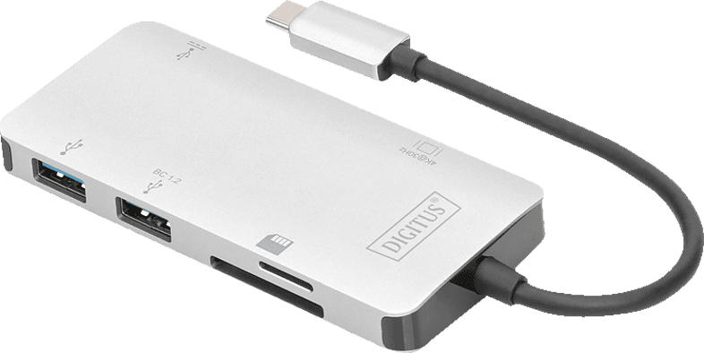 DIGITUS DA-70874 USB Typ-C, HDMI UHD, USB 3.0, Kartenleser, PD 3.0 Grafikadapter, Silber