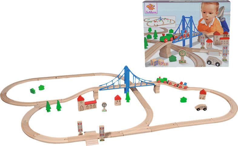 EICHHORN Bahn, Bahnset mit Brücke Holzeisenbahn, Mehrfarbig
