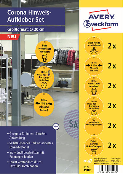 AVERY ZWECKFORM Corona Hinweis-Aufkleber Set Handel 1 Pack mit 12 Aufklebern