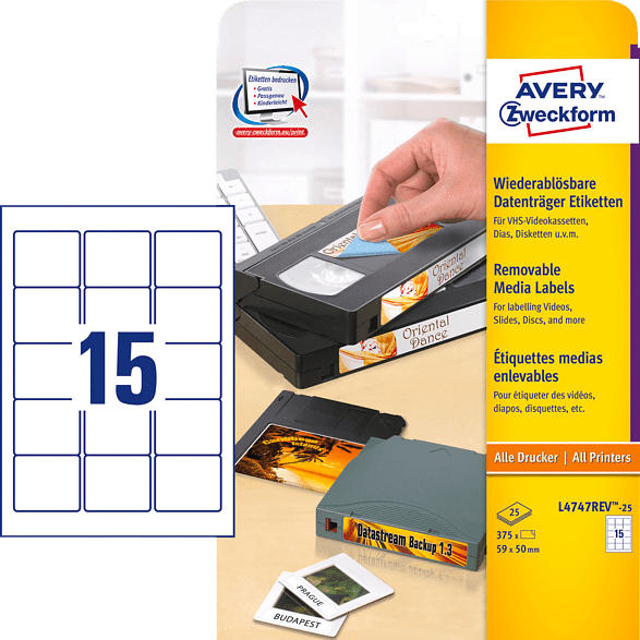 AVERY ZWECKFORM L4747REV-25 Etiketten für ZIP-Disketten 59 x 50 mm 59 x 50 mm A4 375 Etiketten / 25 Bogen