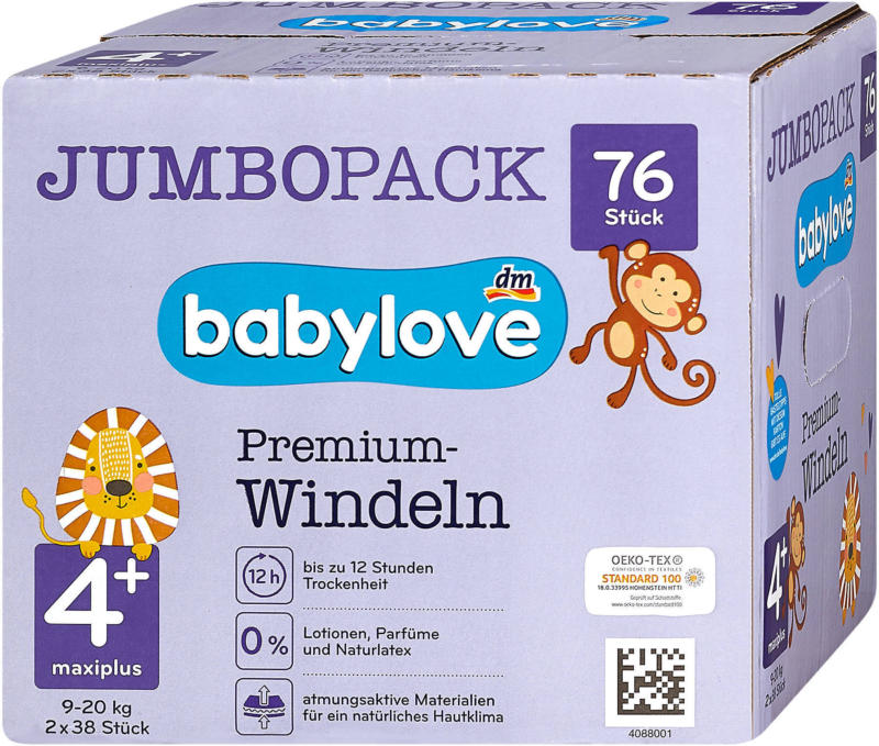 babylove Premium-Windeln Gr. 4+ maxiplus (9-20 kg) Jumbo Pack