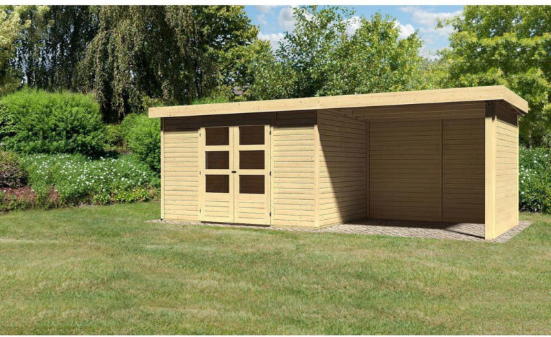 Gartenhaus „Askola“ mit Anbaudach 265 cm und Seiten-/Rückwand, naturbelassen, 557x217x218 cm 557x217x218 cm