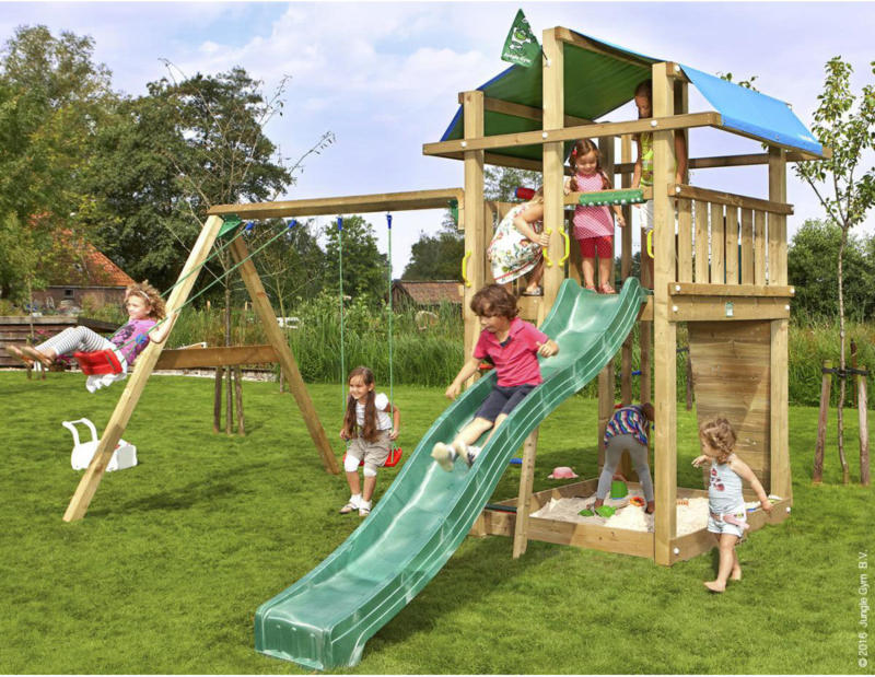 Spielturm „Jungle Fort & 2-Schaukel“, inkl. dunkelgrüner langer Rutsche dunkelgrüner Rutsche