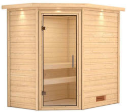 Sauna „Cilja“, Eckeinstieg, ohne Ofen, mit Kranz, Klarglas-Tür ohne | Klarglastür | Ja